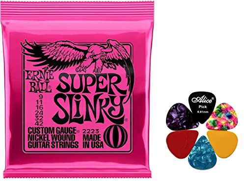 Bundle Ernie Ball Super Slinky Guitar Strings 2223 (9-42) with 6 plectrums