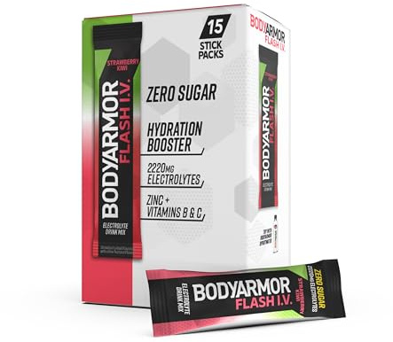 BODYARMOR Flash IV Electrolyte Packets, Strawberry Kiwi - Zero Sugar Drink Mix, Single Serve Packs, Coconut Water Powder (15 Count)