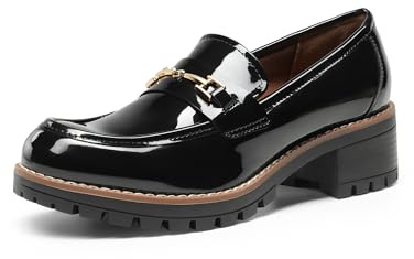 DREAM PAIRS Mocasines Tacón Ancho Mujer,Pat Negro,43