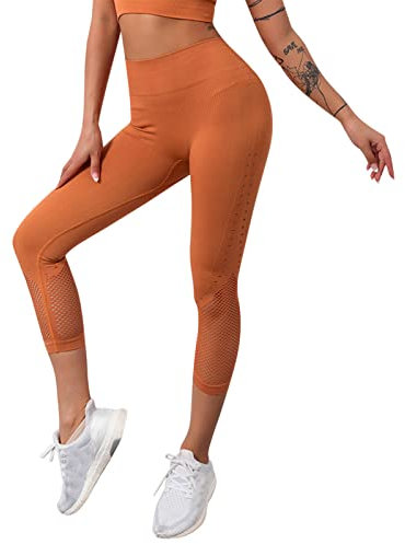 Yoga-Leggings für Damen, Taillenbund, Nähte, Capri-Leggings mit Taschen für Damen, 3/4 hohe Taille, blickdicht, in Übergröße, Sportleggings mit Seitentaschen für Yoga, Mayas, Damen, Yoga, Orange-A, L