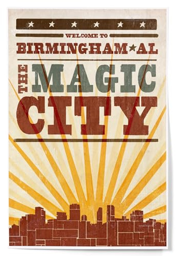 Lantern Press 12x18 Inch Art Print Wall Decor, Birmingham, Alabama, Skyline and Sunburst Screenprint Style, Magic City (12x18 Art Print, Travel Poster Wall Decor)