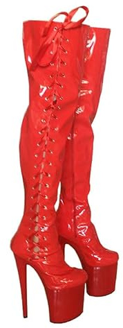 denova's Stivale da donna in vernice con tacco molto alto, con lacci, plateau, pole dance, sopra il ginocchio, con cerniera, Rosso 2., 38 EU