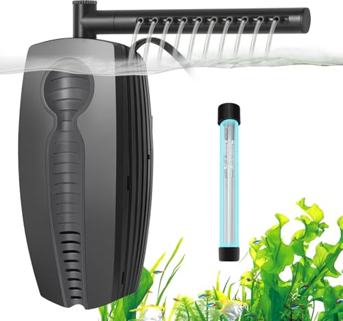 FEDOUR 600LPH Akvariefilter med U-V, 8 W justerbart akvariefilter, undervatten, tyst fisktankfilter för 30–180 l bassäng, med biokemisk bomull, aktivt kolbomull, keramiska kulor