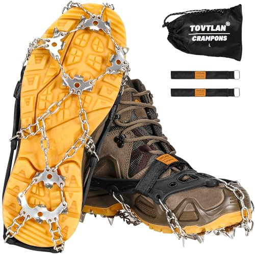 TOVTLAN Steigeisen,Eiskrallen für Schuhe und Stiefel,Schneekrallen mit 19 Edelstahl Spikes für Winterwanderungen, Angeln und Spaziergänge im Freien (L)