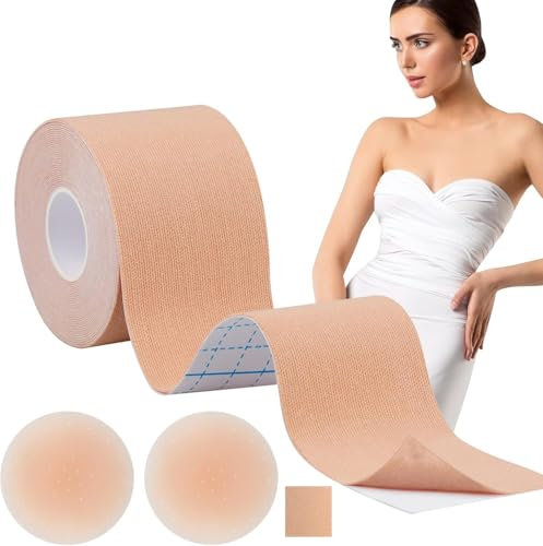 Hbaid Boob Tape, Boobytape for Breast Lift with Reusable & Silicone Nipple Covers, Sticky Athletic Tape for Push up & Shape in All Clothing Fabric Dress, Suitable for A-G Cup Beige