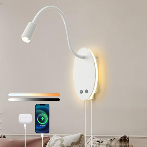 Winverty Liseuse Murale LED, Lampe de Lecture Murale à Piles, 4.5W Lampe de Chevet Dimmable avec Interrupteur et Port de Charge USB, Blanche Applique Murale Col de Cygne Flexible à 360 pour Chambre