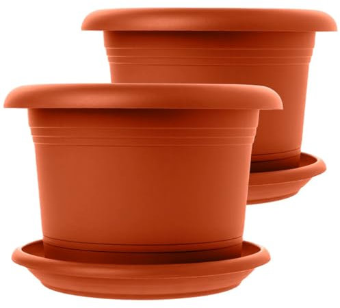 SUSTANIA Lot de 2 pots de fleurs grand format avec soucoupe, diamètre : 40 cm, en terre cuite, grand pot de fleurs pour l'extérieur, résistant aux intempéries, fabriqué en Allemagne