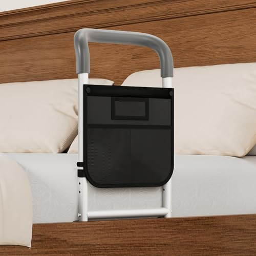 HOMEAL Bed Rails for Elderly Adults Safety - Adjustable Bed Assist Rails for Seniors, Adult Bed Guard Rail with Non-Slip Ergonomic Handle,Storage Pocket & Fixing Strap, 350 Tested (Grey, Short)