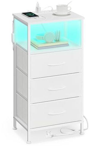 SONGMICS Bedside Table with Charging Station, Modern basic, 3 Drawers | Side End Table, App-Controlled Adjustable LED Lights, 1 Shelf, Cloud White and Snow White, Bellah Collection LGS303WH04