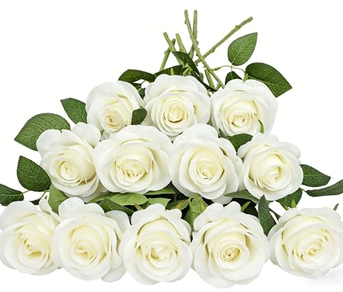HNVNER 12 Pcs Rosas Artificiales de Seda de Tallo único, Flores Artificiales Realistas para Decoración de Bodas, Aniversario, Decoración del Hogar, Blanco