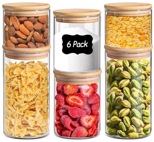ComSaf förvaringsburkar i glas med bambulock, 450–1200 ml, 6-pack | kompakt rund form, torr kattsand, cashewnötter, marshmallows, smidig förvaring, för skafferi och kök
