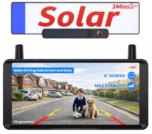 AUTO-VOX 6 Inch Solar Backup Camera Wireless: 2 Minute Install, 16:9 1080P HD Monitor, Dual Channel Split Screen, Clear Live View, DVR Recording, IP69K Waterproof Back up Camera for Car,Truck, Trailer
