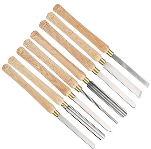 MasYosh 8 piezas Herramientas de torneado de madera, juego de cinceles de torno forjado integral HSS con mango Fraxinus Mandshurica para carpintería