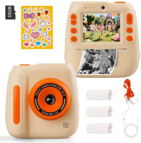 Macchina Fotografica Istantanea Bambini 48MP 1080P con Stampante 32GB Doppia Fotocamera Zoom 10x Schermo IPS 2.4 Regalo Compleanno Natale per 3-12 Anni Ragazze Ragazzi Arancione