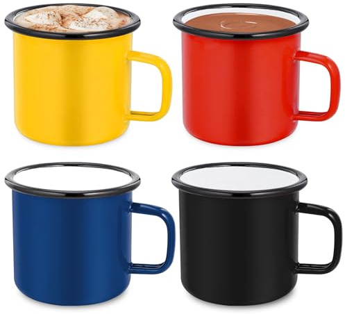 Set om 4 emaljkoppar, 350 ml, 8 x 8 cm, kaffekoppar, emaljmuggar, retro emaljmuggar för hem, kontor, fest, camping och utomhus, flerfärgad, återanvändbar dryckesmugg
