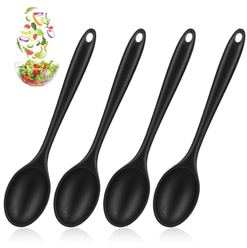 Elegaperma 4 stycken silikonskedar svart, 20 cm silikonsked, värmebeständig och non-stick, serveringssked silikon för matlagning, bakning, blandning i kök och restauranger