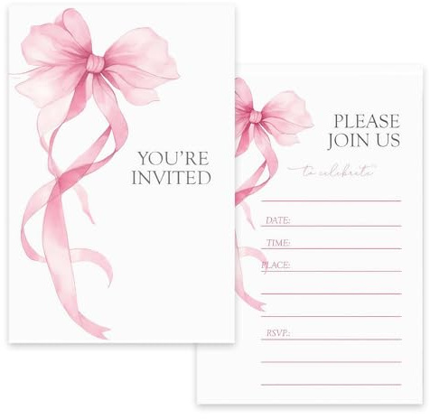 Cunegra Birthday Party Invitations for Girls, 25Pcs Elegant Bow Birthday Party Invitaions for Girls, Coquette Party Invites, A6 Postcard Size Girl/Teen Birthday Invites