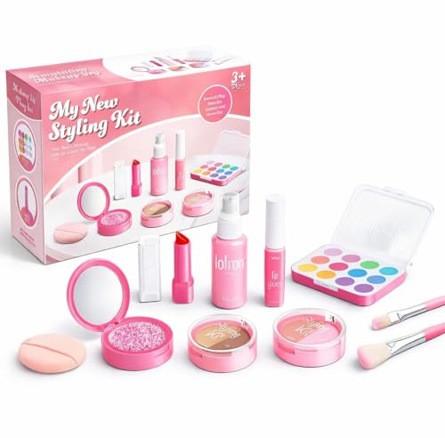 LAKPYN Set Trucchi Bambina da 10 Pezzi, Kit Cosmetici Giocattolo per Bambine in Scatola Rosa, Set Bellezza per Gioco di Ruolo con Ombretti e Rossetti, Regalo Ideale per Compleanno e Natale