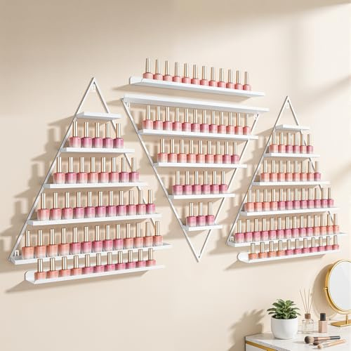 czyuRachel 6 estantes de hierro para colgar esmaltes de uñas de gel (3 estantes triangulares y 3 barras horizontales), espacio para 330 botellas de esmalte de uñas, color blanco