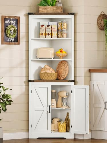 TEENFON 178 cm Armario Esquinero, Alacena de Cocina de Esquina con 1 Estante Ajustable, Mueble Baño con 3 Estantes Abiertos, Mueble Esquinero para Dor, Baño, Cocina y Salón - 54 x 38 x 178 cm - Blanco