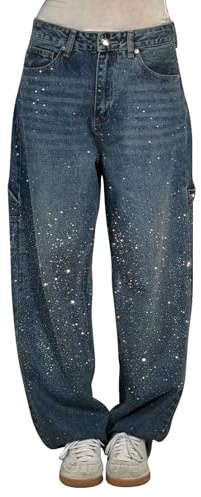 Generiska korta jeansbyxor damjeans dam hög midja jeans säckig motorcykeljeans för kvinnor fransar symaskinsnålar vandring Y2k-kläder i streetstyle, Mörkblå, XS