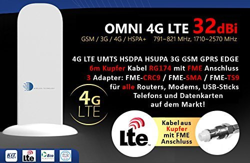 HUKITECH 4G LTE UMTS HSDPA 3G GSM Antenna con 32 dBi cavo da 6 metri – adatto per quasi tutti i Vodafone, O2 e T-Mobile 4G e 3G, router, chiavette USB e schede dati sul mercato