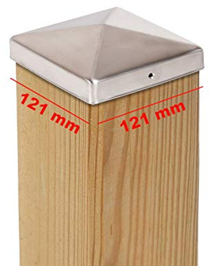 2 x Pfostenkappe Edelstahl Pyramide 121x121 mm – Rostfrei – Für Holzpfosten 120x120 mm – Pfostenabdeckung mit Schraublöchern – Witterungsschutz & Langlebigkeit