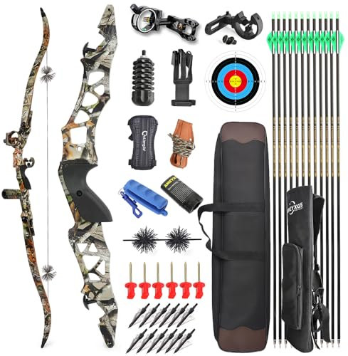 MILAEM 64 Zoll Bogenschießen Takedown Recurve Bogen und Pfeil 30-50 lb Sportbogen Metall Bogen Griff Langbogen Jagdbogen Targeting Praxis Rechts händer (Camo + Zubehör, 30lb)