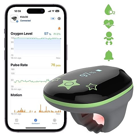 Kinder Pulsoximeter, Pädiatrisches Wearable Health Monitor KidsO2 Ring für Kinder, Tragbarer Bluetooth Kinder Schlaf Monitor Health Tracker mit APP&PC Bericht, Geschenk für Jungen Mädchen