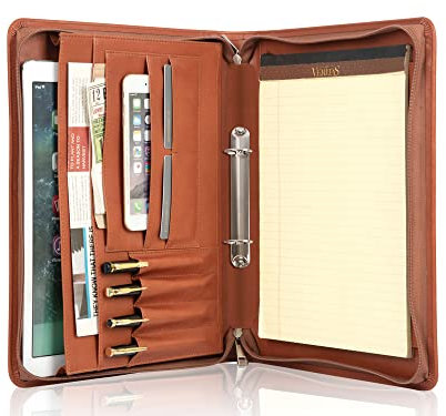 Calfinder Ringbuchmappe A4, Konferenzmappe a4 mit Ringbuch, 2 Ringbinder PU Leder Schreibmappe mit Reißverschluss, Aktenmappe Dokumentenmappe, Geschenk für Damen/Herren, Braun