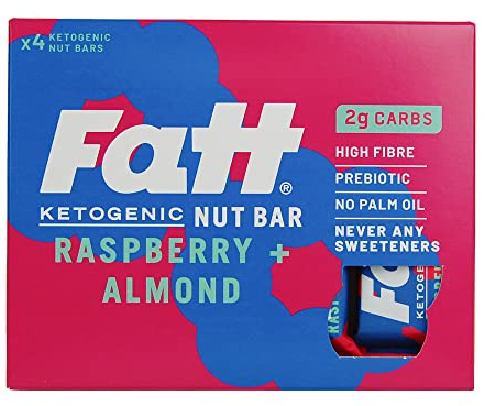 Fatt Keto Nut Bars - (Raspberry & Almond, 4 Pack) - 2g Carbs - 100% Natural, Low-Carb, Gluten Free Clean Keto Snack Bars with Super Fats - High Fibre, Low Sugar, Sweetener Free & Vegan - Aka Fattbar