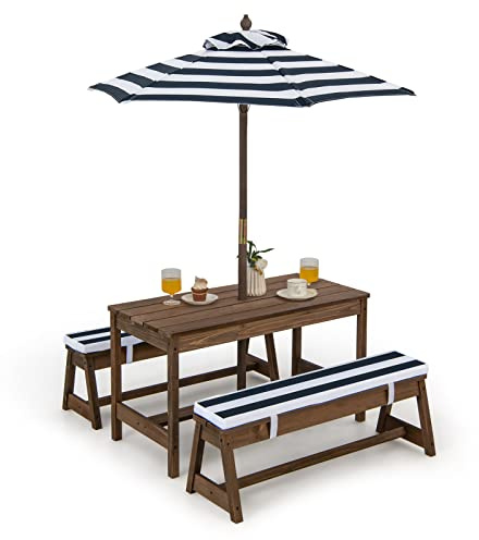 GOPLUS - Mesa infantil exterior con banco, mesa de picnic infantil de madera con sombrilla altura ajustable, salón de jardín para 1-4 niños, para terraza, patio, balcón (azul)