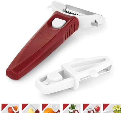 Börner Multi Peeler Set (3-piezas) • Pelador universal/pendular para verduras y frutas • Accesorio cortador en juliana + pelador de patatas + mango múltiusos • Pelador de verduras (Rojo)