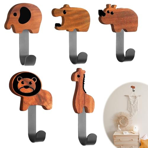 Funmo 5 Stück Kleiderhaken für Kinder, Kinder Wandaufhänger in Tierform, Kinder Metall Wandaufhänger, Kindergarderobe Inklusive Löwen, Elefanten, Giraffen, Flusspferde, Nashörner