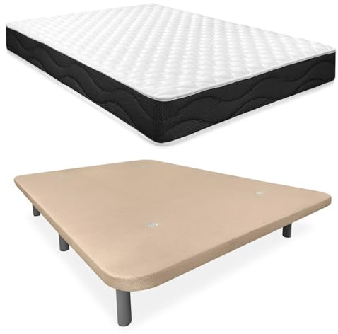 Homey - Cama Completa con Colchón Sleep Pro Reversible + Base Tapizada Extra Reforzada con 6 Patas Cilíndricas Metálicas Roscadas, 90 x 190, Beige