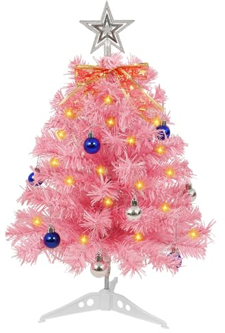 AGM Mini albero di Natale con luci, piccolo albero di Natale rosa da tavolo con mini palline per interni ed esterni, decorazione natalizia per le vacanze