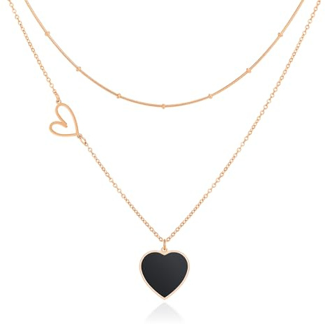 Linawe Collana nera da donna, collana a cuore con ciondolo, gioielli in acciaio inossidabile, set di gioielli a catena a strati in oro rosa