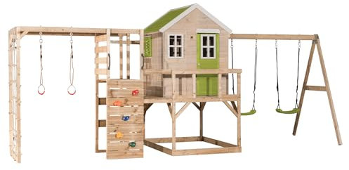 Wendi Toys M27L-G Parco giochi per bambini con altalena, 200 x 560 x 242 cm, struttura in legno verde per gioco attivo, montaggio senza sforzo per divertimento in giardino