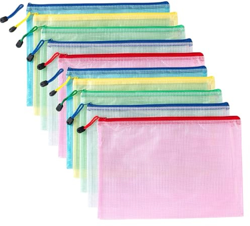A5 Dokumententasche mit Reißverschluss, PVC-Dokumentenmappe, Kunststoffmappe in 5 Farben, zur Aufbewahrung von kleinen Gegenständen, Kosmetika, Reisezubehör usw. (10 Stück)