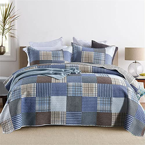 Patchwork-Täcke, 3 Delar Vändbart Vadderat Överkast Bomull Blå Mjukt Patchwork-Täcken King Size-Filt Sängkläderset Med 2 Kuddar, 230X250 Cm