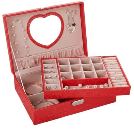 Joyeros Joyero de cuero con espejo en forma de corazón, joyero de exhibición grande de 2 capas, caja organizadora de joyería con patrón de hoja, soporte for joyería Cajas Y Organizadores(Red)