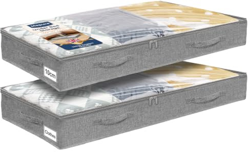 mepure Under Bed Storage 10cm Low-Profile, 2 Pack Foldable Storage Bags with Clear Window & Handles, Slim Organiser for Clothes, Blankets & Toys – 100×50×10cm, Fits Under Beds