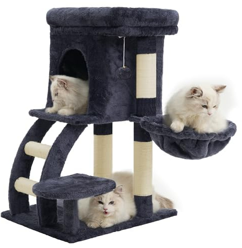 Heybly Árbol Rascador para Gatos, 75 cm De Alto Torre para Gatos con Plataforma Superior, Madriguera, Hamaca, Escalera para Trepar, Juguetes para Gato, Gris Ahumado HCT009SG