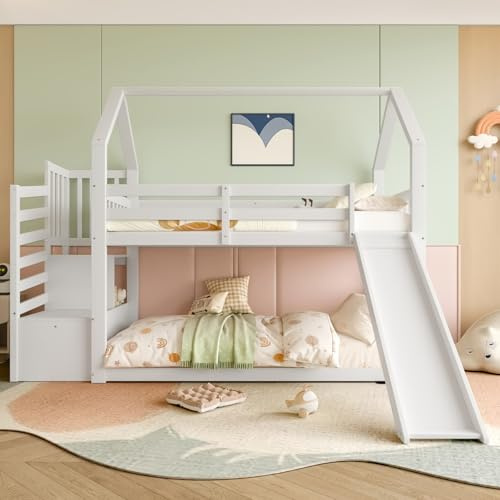 PUGSDRLY Lit Superposé Enfant 90x200cm avec Toboggan Installé Gauche ou Droite,Lit Cabane Enfant avec Escalier de Rangement,Cadre de Superposés pour Enfant et Adolescent (Blanc, 90)