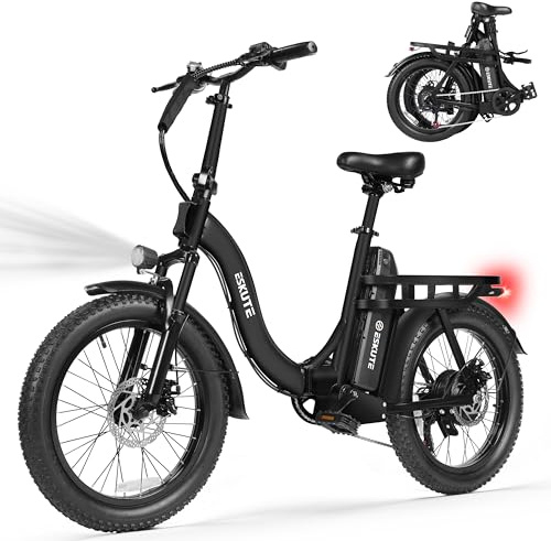 ESKUTE Electric Bike for Adults – 1200W Peak Motor, Folding 20x3 Fat Tire E‑Bike, 48V 13Ah Battery, Step‑Through Cargo Fold Ebike, NFC Unlock, 20+ MPH, 7‑Speed, Up to 55 Miles, Black