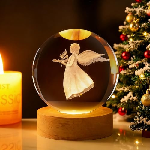 TaimeiMao Bola de Cristal 3D, Luz Nocturna de Bola de Cristal Ángel, 6cm Lámpara de Noche Con Base de Madera, Decoración de Fantasía, Luz Nocturna, Regalo