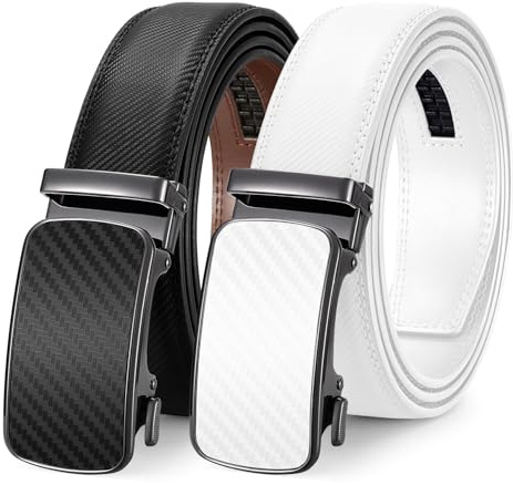 LEACOOLKEY Lot de 2 ceintures en cuir pour homme avec boucle automatique réglable 35 mm de large avec boîte cadeau, Noir/blanc, 130 cm(für Taillenumfang95cm-110cm)