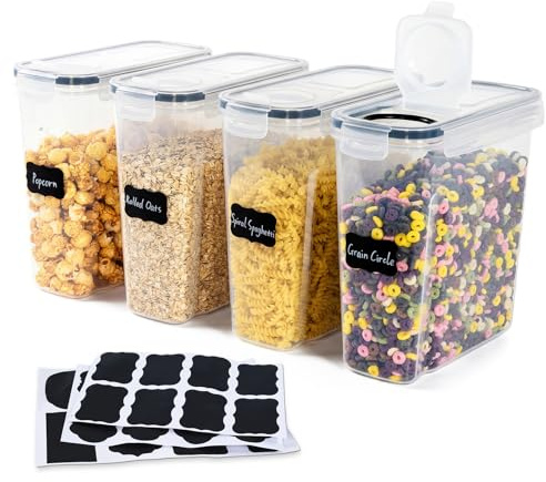 OTraki Lot de 4 Boite Plastique Rangement, 4l Bocaux Hermetiques Alimentaires En Scellée Avec Couvercle, Boite Hermetique Alimentaire Plastique Sans Bpa Avec Étiquette Pour Céréales,Pâtes,Sucre
