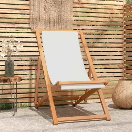 kithwjll Tumbona de madera de teca, color crema, 56 x 105 x 96 cm, silla de jardín ajustable plegable, respaldo alto para balcón, terraza y camping