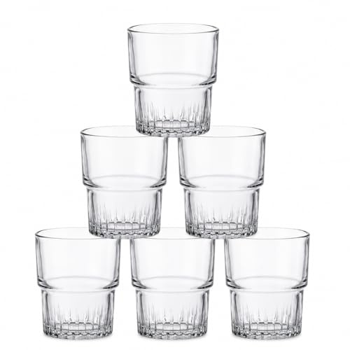 DURALEX | Set 6 Vasos de Cristal Agua 160 ml Apilable Transparente, Vasos Bajos de Vidrio con Base Texturizada, Vasos Apilables para Cocina y Hogar, Aptos Lavavajillas y Microondas